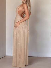 Elegant Women's Halter Neck Backless Maxi Dress With Ruched Bodice And High Slit Sleeveless Evening Gown Perfect For Weddings Proms Galas Red Carpet Events And Formal Celebrations - Khaki - View 4