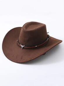 1pc Faux Suede Western Cowboy Hat With Detachable Longhorn Decor, Unisex Cowgirl/Cowboy Sun Hat For Casual Occasions - Bull Head Cowboy Hat - View 9