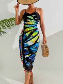 女士泳衣罩衫，波西米亚风格网眼蝴蝶印花沙滩裙，涤纶和氨纶混纺透明面料 - 性感透明围巾，透气夏季披肩，带有彩色流苏，适合泳池、海滩、度假