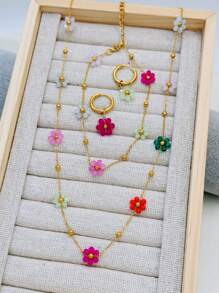 Daisy Flower Bracelet Necklace Anklet Earrings Set, Suitable For Women Spring/Summer Outfits