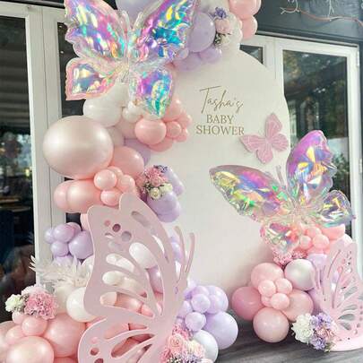 Set de 143 piezas de kit de arco de globos de mariposas transparentes e iridiscentes en tonos morados y rosas, incluye globos de aluminio con forma de mariposa y globos rosas y morados, adecuado para decoración de fiestas de cumpleaños, San Valentín, bodas, cumpleaños de damas, tema de mariposas, duchas nupciales, suministros para fiestas