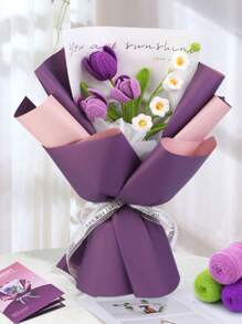 1 Conjunto Kit de Crochê de Buquê de Flores para Iniciantes, DIY Tricô de Lã, Material do Buquê de Rosas, Tulipas, Girassóis com Acessórios Básicos e Tutoriais, Presente Ideal para Férias