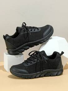 青少年黑色轻便透气休闲运动鞋，网眼柔韧防滑运动鞋，时尚健身休闲运动鞋 - 黑色 - 查看 1