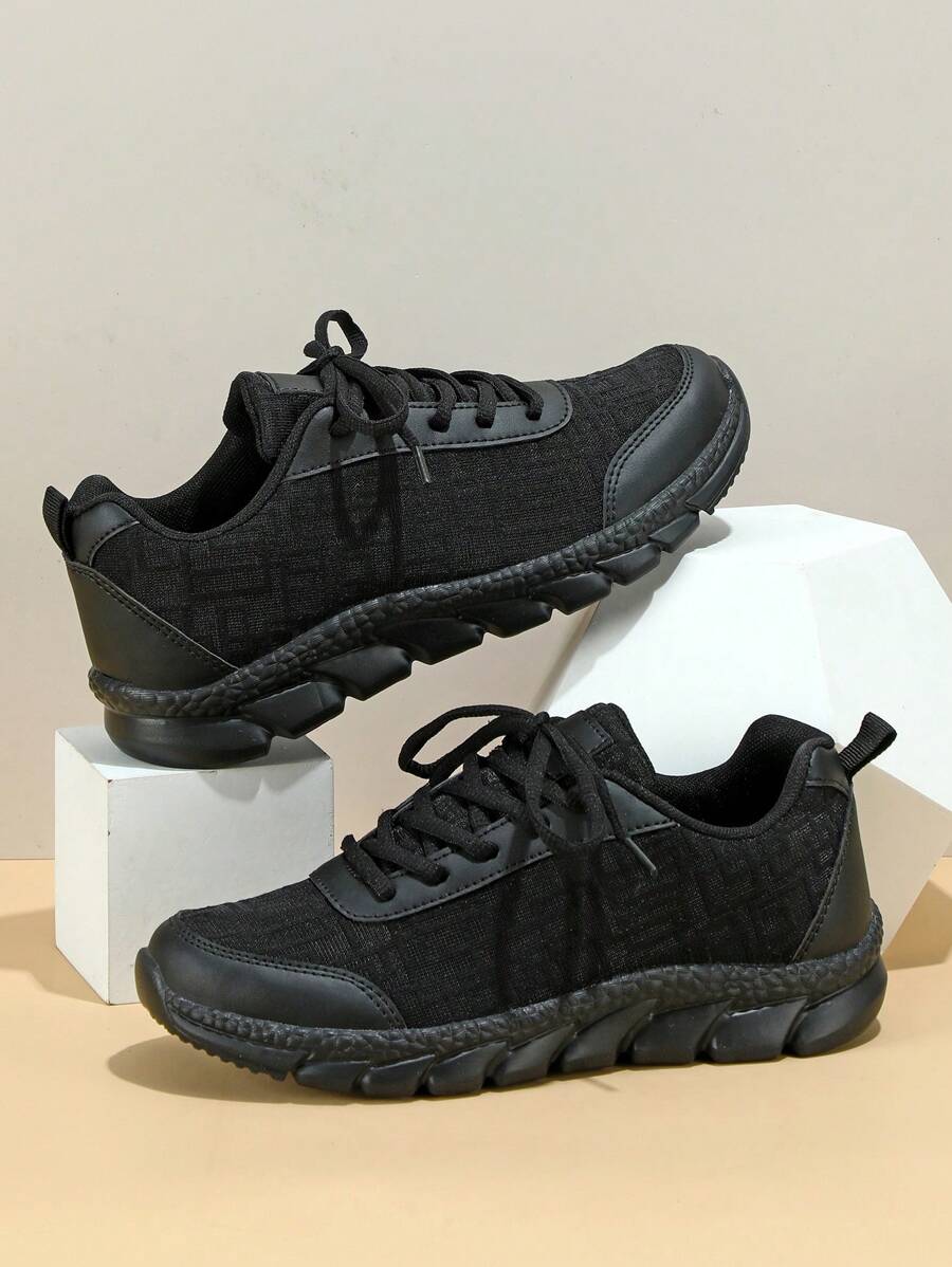 青少年黑色轻便透气休闲运动鞋，网眼柔韧防滑运动鞋，时尚健身休闲运动鞋 - 黑色 - 查看 1