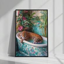 1pc Leopard In Bathtub Wall Art Picture Tropical Jungle Bathroom Canvas Prints Paintings Playful Animal Poster Bold Maximalist Decor For Bedroom,Living Room,Dorm Wall Decor No Framed