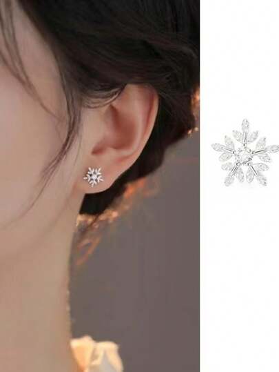 1 Pair Simple Elegant Petite Snowflake Zirconia Stud Earrings, Suitable For Daily Wear Valentine's Day Accessories