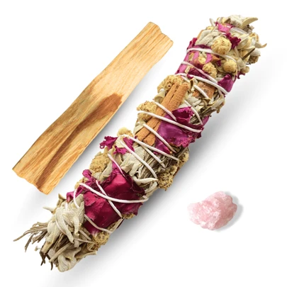 Sahumerio atado, Cuarzo y Palo Santo (Salvia blanca, romero, lavanda para limpieza energética, prosperidad, armonía) Incienso natural hierbas