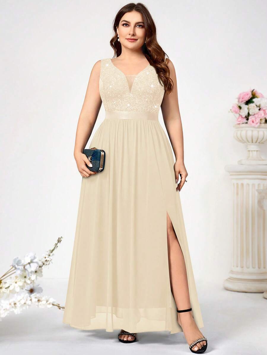 Plus Size Deep V-Neck Sequin Floral Lace Chiffon Sleeveless Formal Party Maxi Dress - Light Yellow - View 1
