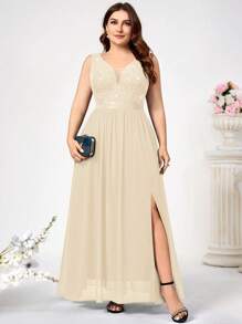 Plus Deep V Neck Sequin Floral Lace Chiffon Sleeveless Formal Party Maxi Dress