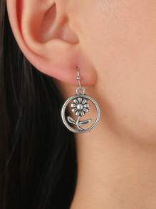 4 对复古波西米亚风格仿旧花朵、章鱼、海豚耳环套装，女士休闲百搭日常佩戴耳环 - 復古銀色 - 查看 7