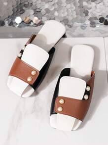 Damen Sommer Flache Perlen Knopf Offene Zehe Sexy Farbblock Sandalen