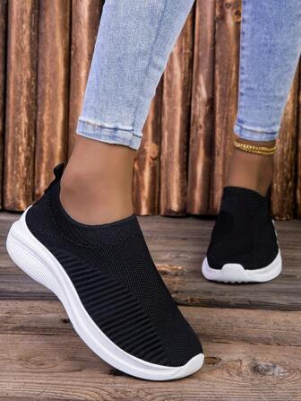 Women's Simple Outdoor Knitted Beige Round Toe Slip-On Casual Sports Sneakers