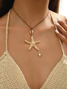 1 pièce Collier pendentif en forme d'étoile de mer liée au style de plage exagéré, mode personnalisée. Collier en cordon de cire coréen, polyvalent pour la vie quotidienne, les fêtes et les vacances à la plage