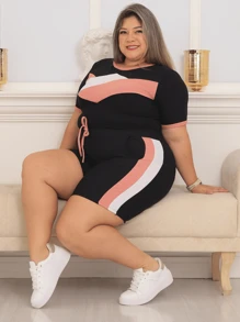 Shorts Set With Sleeves Plus Size Crepe Mesh Comfortable Casual Versatile - Rusty Rose - View 3