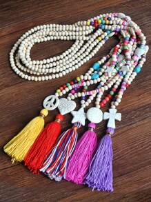 Dây chuyền dài tua rua nhiều màu sắc theo phong cách Boho với hạt gỗ thủ công, mặt dây chuyền hình trái tim và hòa bình, vòng tròn và chữ thập và ngôi sao màu ngọc lam, trang sức mùa xuân/hè cho tiệc lễ - Nhiều màu - Xem 8