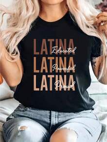 Proud Latina Print T-Shirt, Casual Crew Neck Short Sleeve Comfort Tee Top For Spring & Summer, Women's Clothing