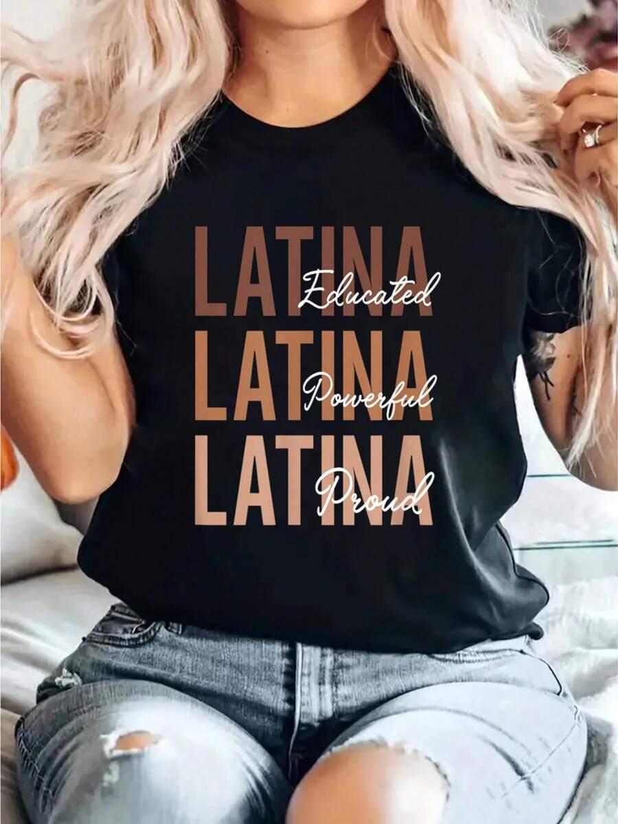 Proud Latina Print T-Shirt, Casual Crew Neck Short Sleeve Comfort Tee Top For Spring & Summer, Women's Clothing