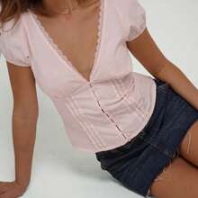 Women Summer Short Sleeve V-Neck Button Down Shirts Dressy Victorian Blouse Tops Puff Sleeve Casual Dressy Blouses Eyelet Tee Tops - 粉色 - 查看 2