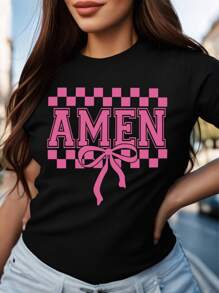 Oversized Style For Women, Amen Coquette Bow T-Shirt Amen Varsity, Christian Easter Shirt Spring T-Shirt Jesus Easter Bible Shirt Tee, Oversize Type Shirt For Women, Perfect For Holiday Parties Or Gift Giving, Soft And Comfortable