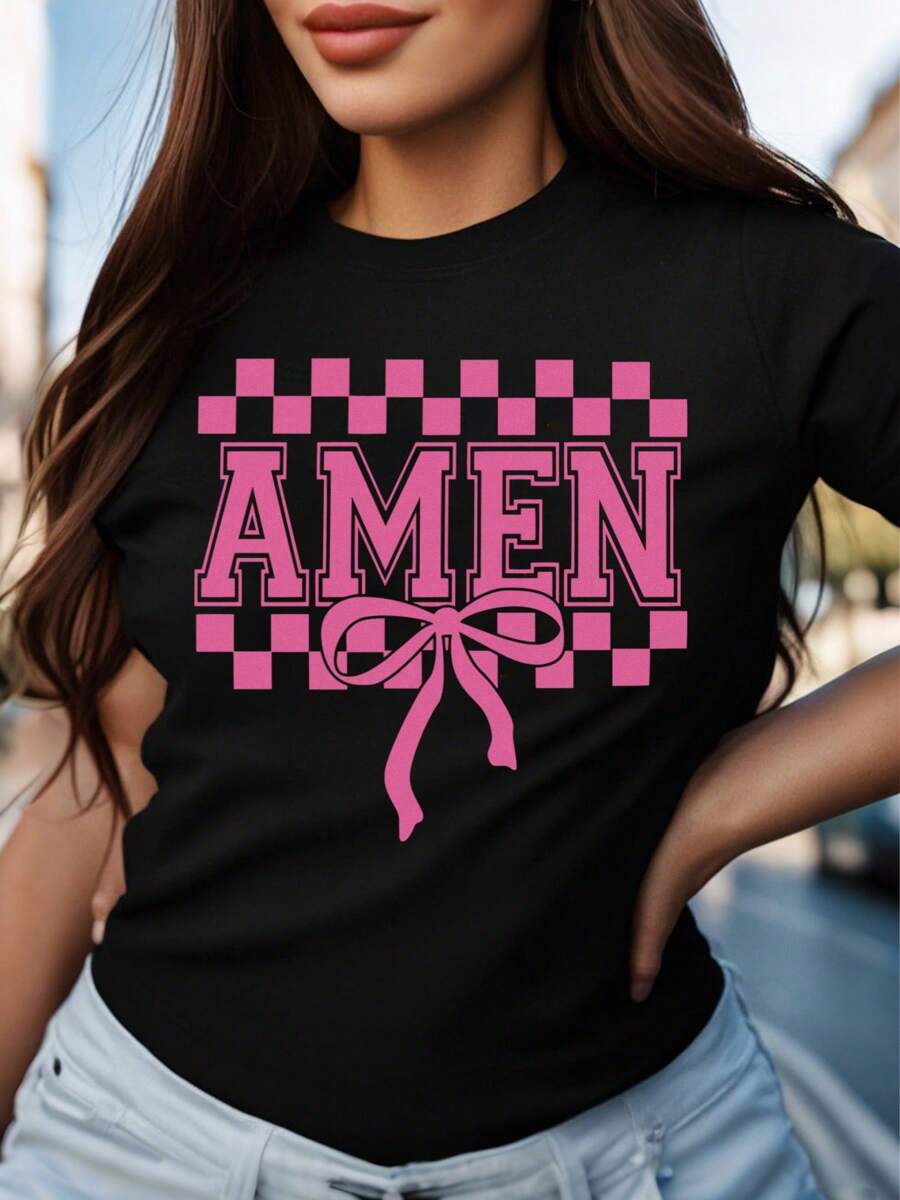 Oversized Style For Women, Amen Coquette Bow T-Shirt Amen Varsity, Christian Easter Shirt Spring T-Shirt Jesus Easter Bible Shirt Tee, Oversize Type Shirt For Women, Perfect For Holiday Parties Or Gift Giving, Soft And Comfortable
