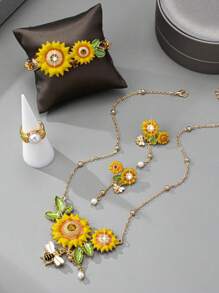 1 Set Luxe Elegante Bloemen Strass & Kunstparel Zonnebloem Ketting, Oorbellen, Armband, Ring Sieradenset Voor Vrouwen, Geschikt Voor Vakanties, Verjaardagen, Dates, Ballen, Bruiloften, Feesten, Vakanties, Dagelijks Gebruik