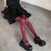 Fashion Gothic Flower Hollow Out Pantyhose Women Fishnet Wine Red Ins Hot JK Tights High Elastic Hipster Leggings - Màu xanh lam - Xem 3