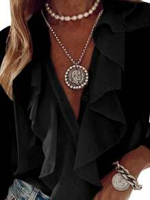 Women Long Sleeve Chiffon Shirts Button-Down Ruffle T Shirt Lady Elegant Solid Color/Letter/Butterfly/Plant Print V-Neck Long Sleeve Dressy Blouse Summer Vacation Casual Loose Top Boho Clothes Outfit - 黑色 - 查看 2