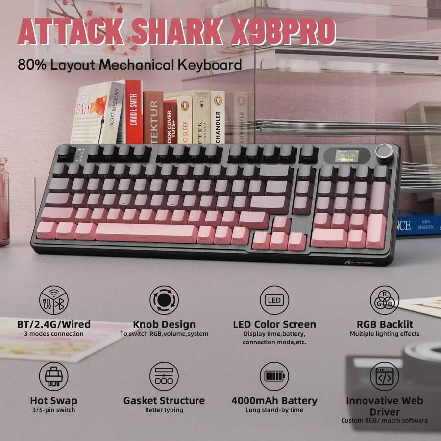 ATTACK SHARK X98PRO Wireless Mechanical Gaming Keyboard,Metal Knob&TFT ...
