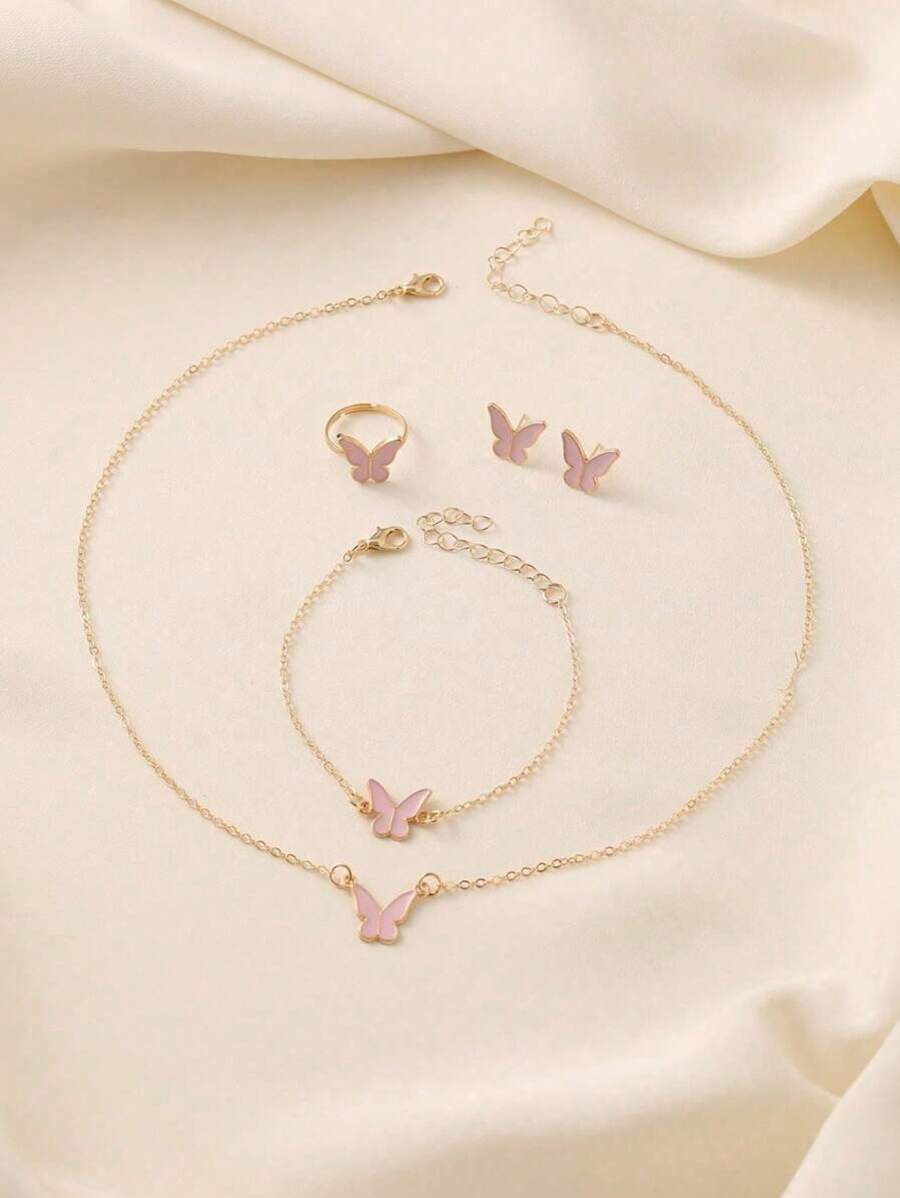 5 件套蝴蝶珐琅吊坠项链套装，百搭优雅，适合日常佩戴 - 彩色 - 查看 1