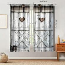 2pcs Retro Wooden Barn Door Graphic Digital Print Sheer Curtains, Lightweight Polyester Fabric, Suitable For Living Room, Wardrobe, Kitchen, Bedroom, Study, Bathroom, Hotel, Dining Room, Entryway, Home Decor - Multicolor - View 3