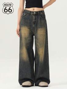 Route66 男女休闲宽松直筒阔腿牛仔裤带斜口袋，美式复古水洗效果长裤 - 藍色 - 查看 4