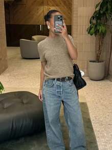 FOR BEAUTY Spring And Summer And Autumn New Brown Round Neck Short Sleeved Women's Knitted T-Shirt Loose And Simple Casual Commuting Style Ribbed Thin Sweater Pullover Christmas Top - 瑪奇棕 - 查看 2