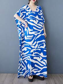 上衣连衣裙，2025 年夏季 V 领袖度假沙滩裙，成衣，波西米亚风休闲度假大码连衣裙，女士大码优雅日常连衣裙 - 藍色 - 查看 4