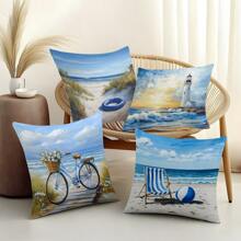 4pcs 17.7*17.7in (45*45cm) White Lifesaver, Chaise Lounge, Balloon, Lighthouse, Bicycle Printed Polyester Pillow Case [Single-Sided Print][Pillow Insert Not Included] Home Couch Bed Headrest Cushion Cover, Suitable For Daily Use, Home Decor, Living Room, Bedroom, Car