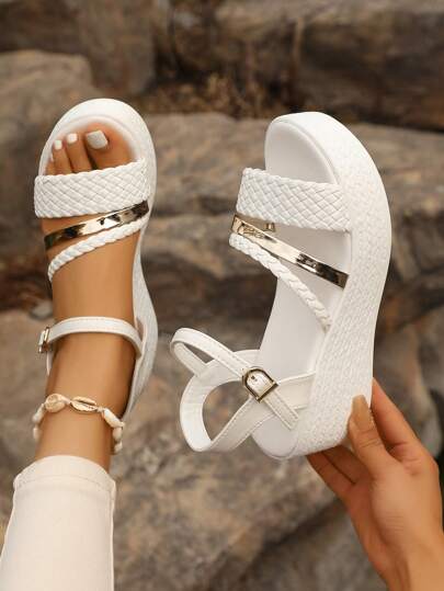 Women Plus Size Fashionable Woven Strap Buckle Open Toe Casual Slip-Resistant Thick Platform Comfortable Versatile Wedge Sandals, Suitable For Pants & Skirts In Summer,Travel Essential