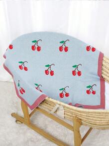 Infant Knitted Blanket With Cherry Brocade Pattern, Children Quilt, Baby Swaddle Wrap - Baby Blue - View 3