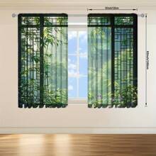 2 件装精美中式窗户印花窗帘，适用于家居装饰 - 适用于卧室、办公室、厨房、客厅和书房的带杆口袋窗户装饰 - 綠色 - 查看 16