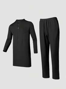 1 套男士黑色 Dashiki 服装，优雅简约设计，带纽扣，长袖圆领，侧开衩下摆，松紧腰裤，非洲时尚，男士休闲衬衫和长裤 2 件套，新季，适合聚会、约会、商务、日常穿着、文化活动、传统仪式 - 黑色 - 查看 4