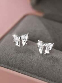 1 Pair S925 Sterling Silver Sweet Butterfly Cubic Zirconia Stud Earrings, Gold/Silver/White Diamond/Pink Diamond/Purple Diamond, Lightweight Exquisite Everyday Wear, Suitable For Student & Pierced Ears, Comes In Gift Box, Great For Valentine's Day - Bow - View 4