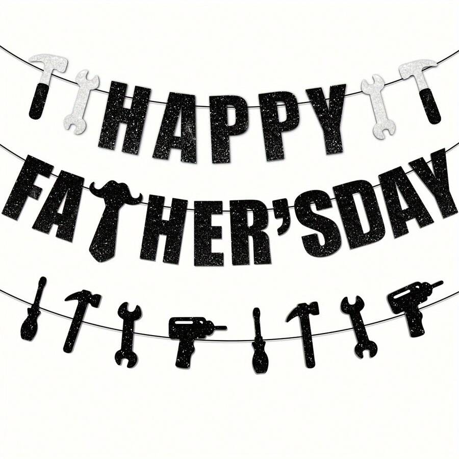 黑色闪光父亲节快乐横幅，我们爱爸爸横幅，父亲节派对装饰品，最佳爸爸父亲节横幅，父亲节派对用品照片道具 - Black Glittery - 查看 1