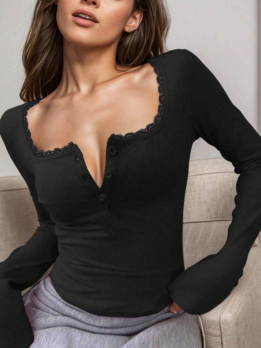 Sexy Contrast Lace Long Sleeve Crew Neck Button Fitted Undershirt - Black - View 1