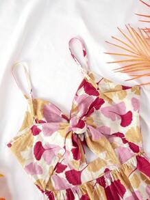 Vestido de tirantes con escote en V y espalda descubierta con estampado de hojas de ginkgo, mini vestido de verano sin mangas para el Día de San Valentín - Rojo - Ver 6