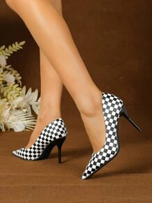 Black Checkered Pointed Toe Low Vamp Stiletto Heels, 2025 New Arrival Women's Shoes, Charming, Sexy, Fashionable & Versatile