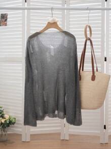 Suéter de manga larga con abertura y hombros caídos, adecuado para volver a la escuela, primavera/verano - Gris - Ver 9