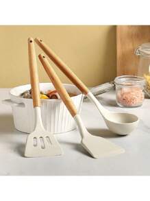 1/3 件装木柄硅胶铲厨房烹饪耐热不粘锅专用煎锅铲汤勺铲刀套装