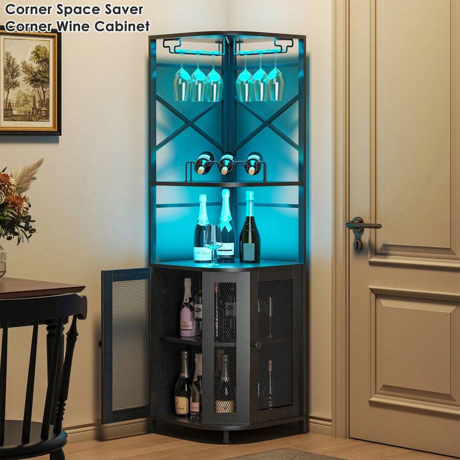 Corner Bar Cabine, 5/6-Tier Industrial Wine Cabinet With LED Strip And Glass Holder, LED Liquor Cabinet Bar Unit For Home, Corner Display Cabinet For Small Space