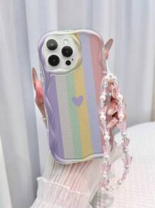 Funda para teléfono con textura, ondas, rayas con corazón brillante pintado, a prueba de golpes, con pulsera de mariposa hecha a mano con cuentas, compatible con iPhone XR/7/8, iPhone 16/16 Pro/16 Plus/16 Pro Max, iPhone 15 Pro Max, iPhone 13, iPhone 14, iPhone 11, Galaxy S24, Galaxy S24+