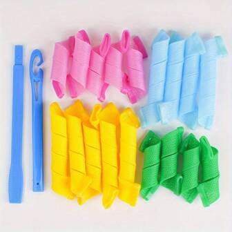 18件套免加热螺旋卷发器套装 - 柔软魔术卷发器，带钩设计，轻松造型，不伤发，不打结 - 持久卷发造型工具，美发，旅行配件，大学宿舍必备，卷发棒，柔性卷发棒，卷发梳，发夹，免加热卷发，美发工具，卷发器，免加热卷发，卷发器，卷发，圣诞节