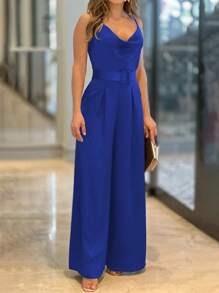 女士春夏薄款吊带垂领斜口袋系带缎面纯色休闲通勤裤袋后拉链系带女式连体裤