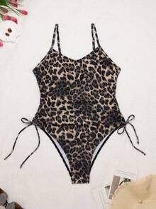 2026新款女士时尚性感连体泳衣，豹纹印花，细肩带，侧系带设计，适合夏季度假和海滩度假。